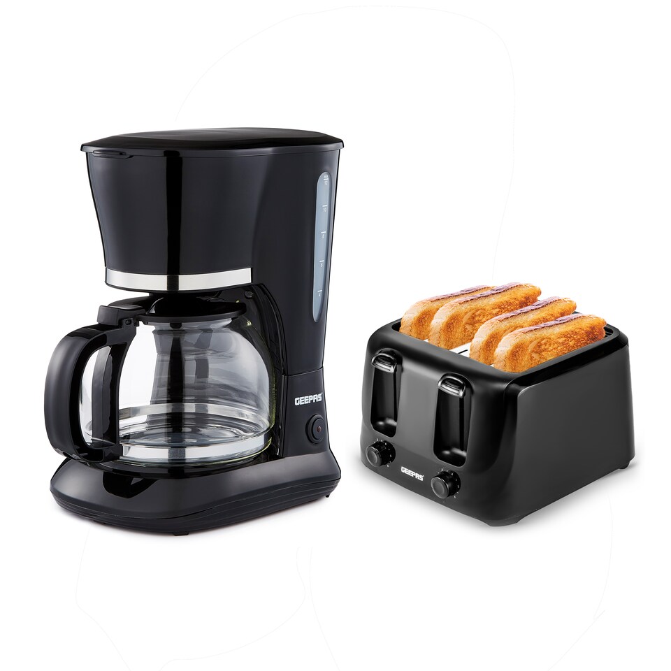 GEEPAS 1.5L Filter Coffee Machine & 4 Slice Toaster Combo Set