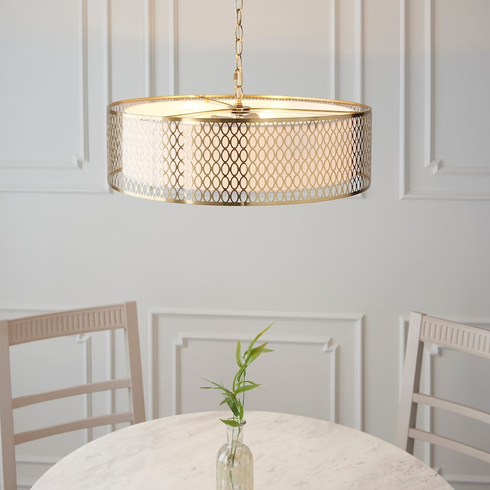 image 1 of Cordero Single Pendant Ceiling Lamp, Gold Effect Plate, White Fabric, Frosted Glass