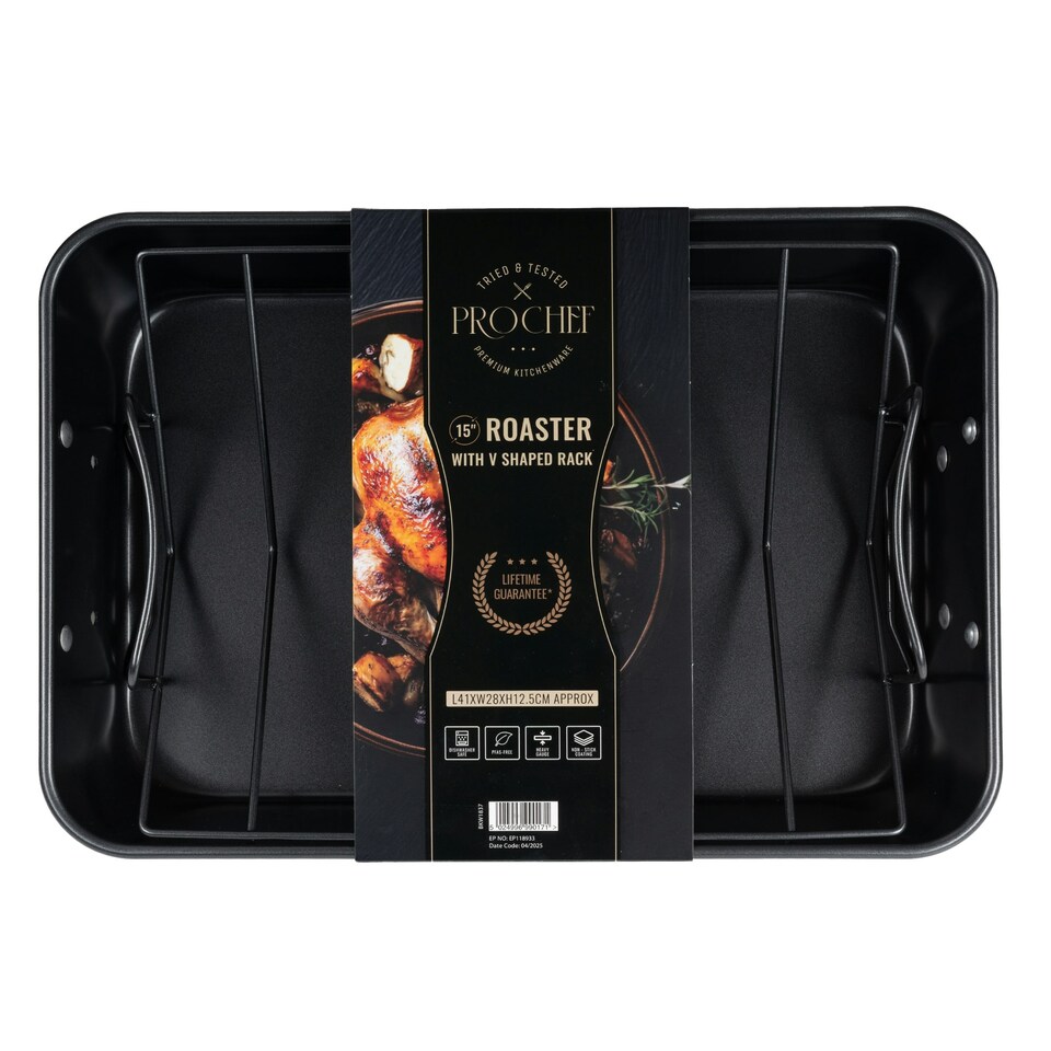 image 1 of ProChef 15" Non-Stick Carbon Steel Roasting Pan with V Rack Heavy-Duty Tray Black | L