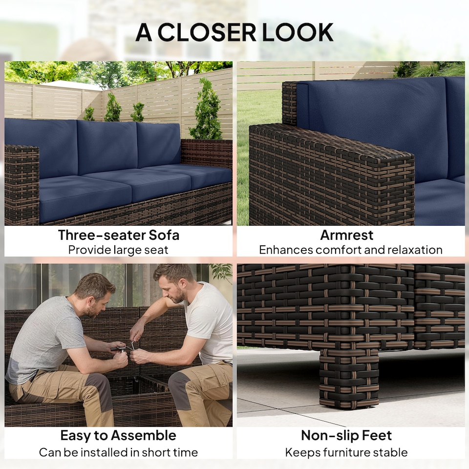 image 1 of Outsunny Rattan Wicker 3-seater Sofa Chair Patio Furniture, Dark Blue | Blue | Orange | Three Seater