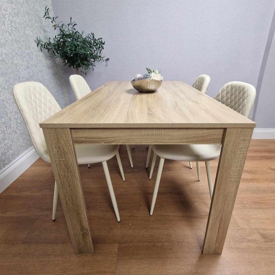 image 1 of Oak Effect Wood Dining Table with 4 Cream Gem Pattern Faux Leather Chairs