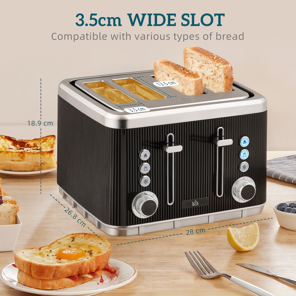 image 1 of HOMCOM Electric Stainless Steel Kettle and Toaster Set, 3000W 1.7L UK Strix Thermostat Fast Boil Kettle w Limescale Filter, Cool Touch Body, 4 Slice Toaster with 7 Browning Levels, Crumb Tray, Black