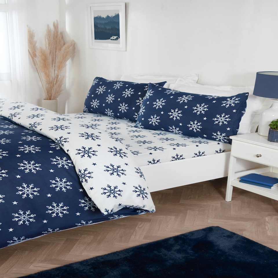 image 1 of Snowflake Reversible Microfibre Fabric Complete Duvet Cover Set with Pillowcase and Fitted Sheet (Blue) Blue | Single