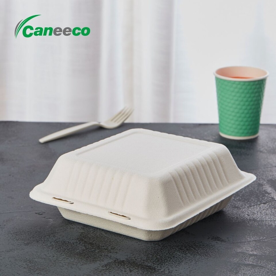 image 1 of Bagasse Sugarcane Takeaway Boxes 8x8 Clamshell Containers, PFAS Free, TUV Home Compostable Certified Food Boxes for Hot & Cold Meals, Restaurants, Parties & Catering