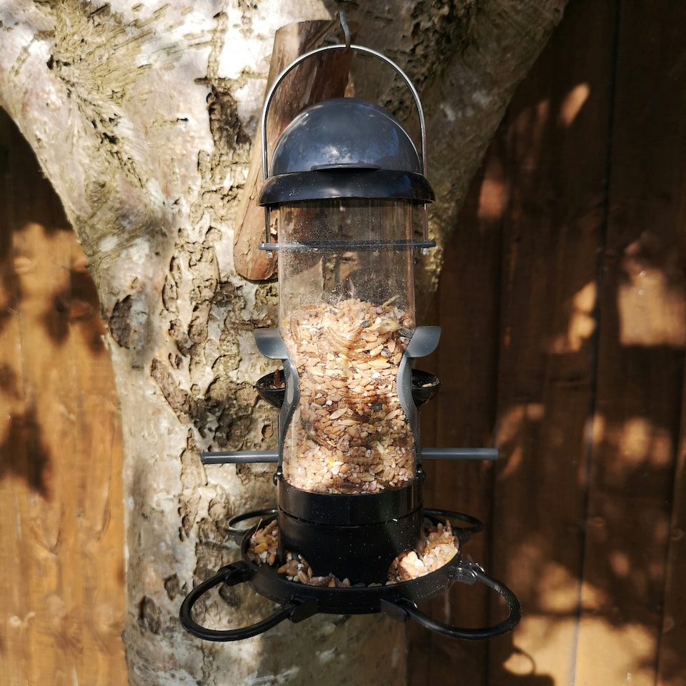 image 1 of Tom Chambers Roll Top 2 Port Garden Wild Bird Hanging Grey and Black Plastic Seed Feeder