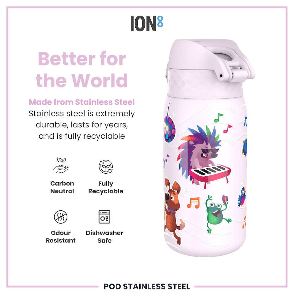 image 1 of Leak Proof Kids Water Bottle, Stainless Steel, 400ml (13oz) | Purple | Animal Band | One Size