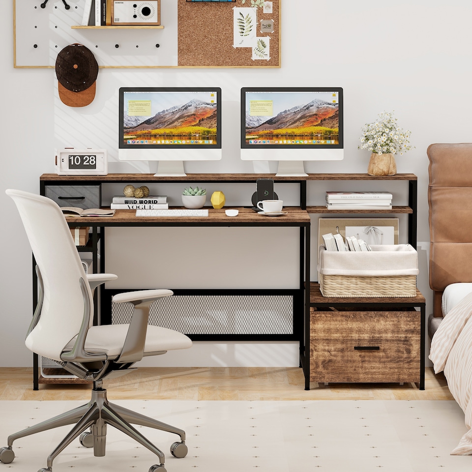 Computer Fil 170CM Computer Desk with Monitor Stand & File Drawer, Large Home Office ...