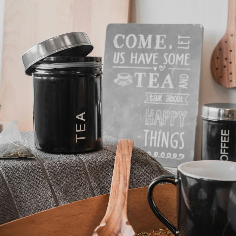 image 1 of Harbour Housewares Black Round Metal Kitchen Tea Canister Kitchen Caddy Kitchen Storage Containers Canisters