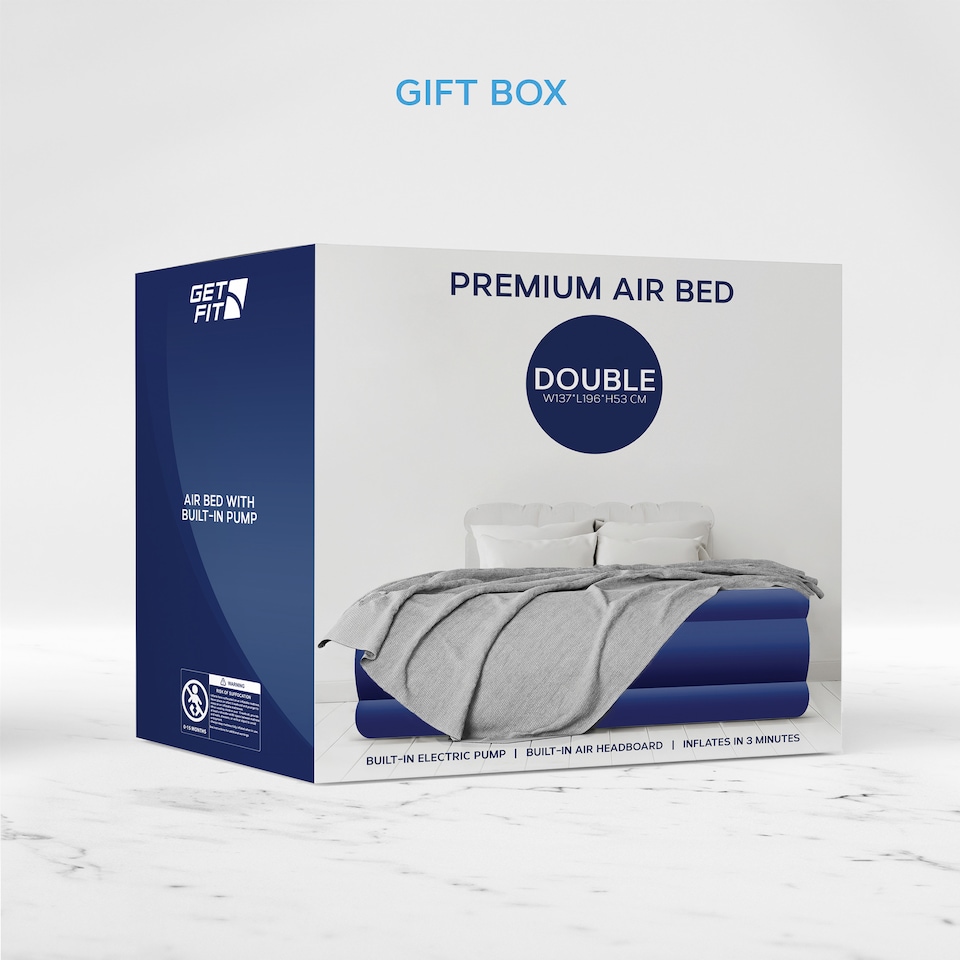 image 1 of Get Fit Air Bed With Built In Electric Pump - Premium Double Airbed - Quick Blow Up Bed With Headboard & Free Inflatable Pillow | Blue | Navy / White | 1