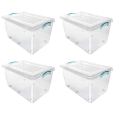 JVL Plastic Clip Lidded Storage Box with Wheels, Stackable and Nestable, Clear, Set of 4, 50L Clear