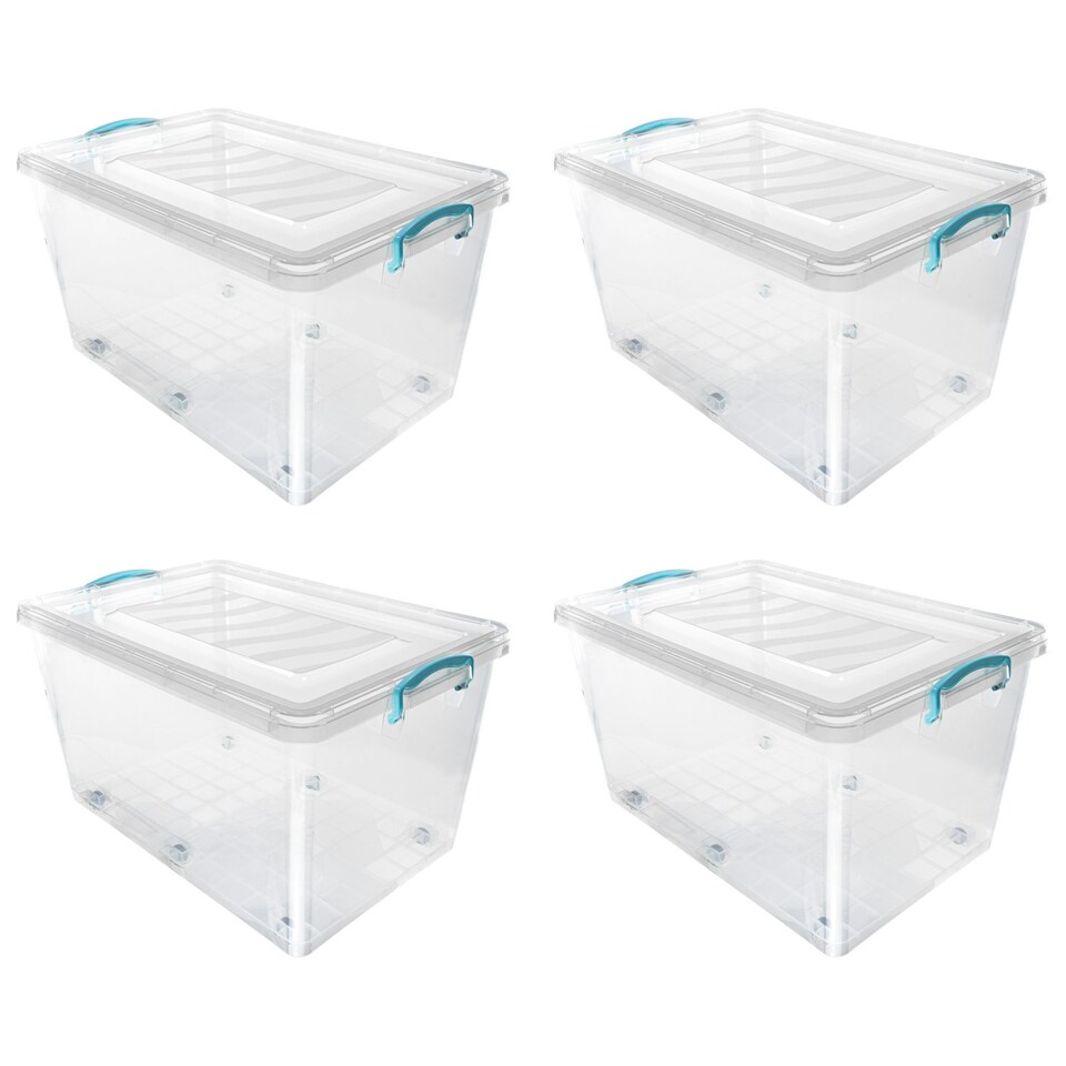 image 1 of JVL Plastic Clip Lidded Storage Box with Wheels, Stackable and Nestable, Clear, Set of 4, 50L Clear