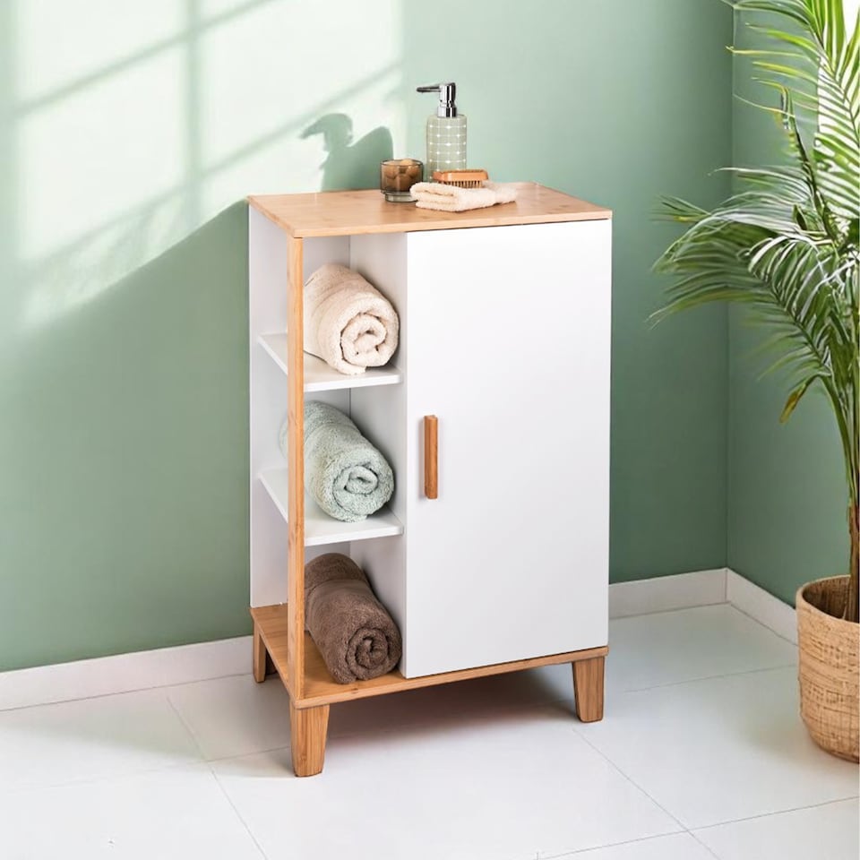 image 1 of Showerdrape Varallo Matt White & Bamboo Floor Bathroom Cabinet with Display Shelves | White | 1