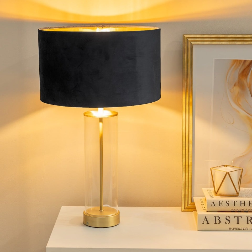image 1 of ValueLights Balan Brushed Gold Table Lamp Black Velvet Gold Shade and Bulb