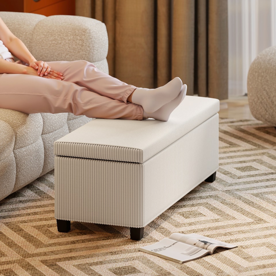image 1 of HOMCOM Storage Ottoman Bench, Corduroy Footstool with Removable Lid and Legs, 112cm Storage Chest Bofor Living Room, Bedroom, Hallway, Beige | Brown