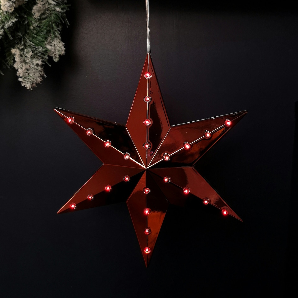 image 1 of 20cm Battery Operated Light up Hanging Christmas Shooting Star Bauble in Ruby with LEDs