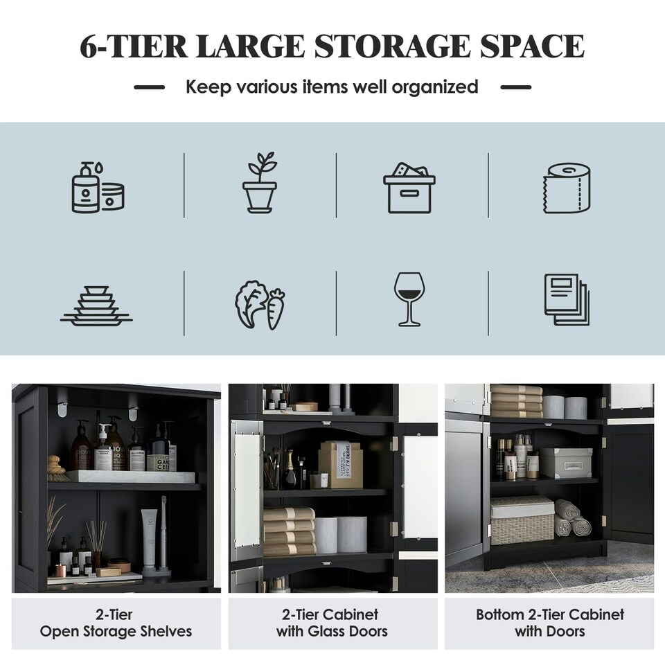 image 1 of COSTWAY Bathroom Storage Cabinet 2 Doors Display Organizer Black Black