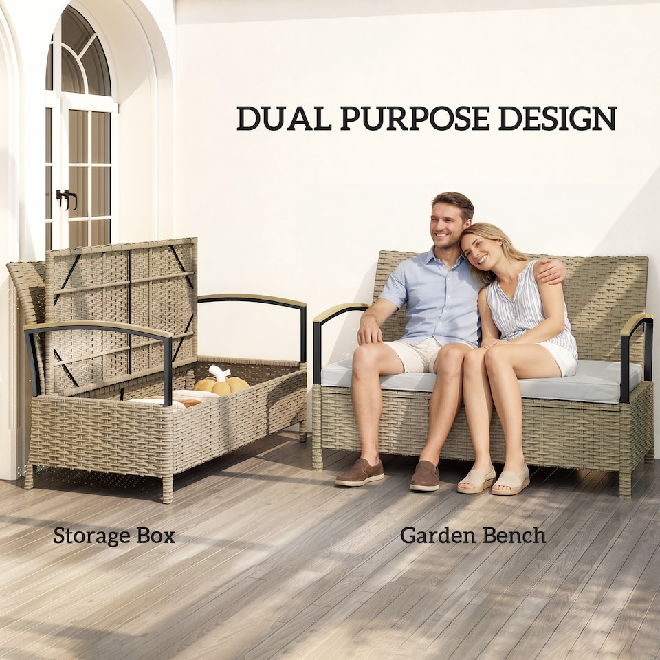 image 1 of Outsunny 125L Garden Storage Bench, 2 Seater PE Rattan Outdoor Bench | Brown | Khaki | Not provided