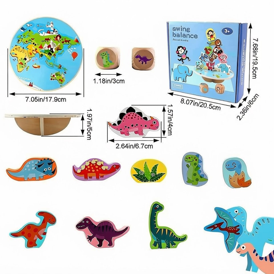 image 1 of Wooden Dinosaur Stacking Balance Toy -Animal Balance Blocks with Dice, Wooden Rocker Board & 10 Dinosaur Shapes, Educational Fine-Motor Skill Game