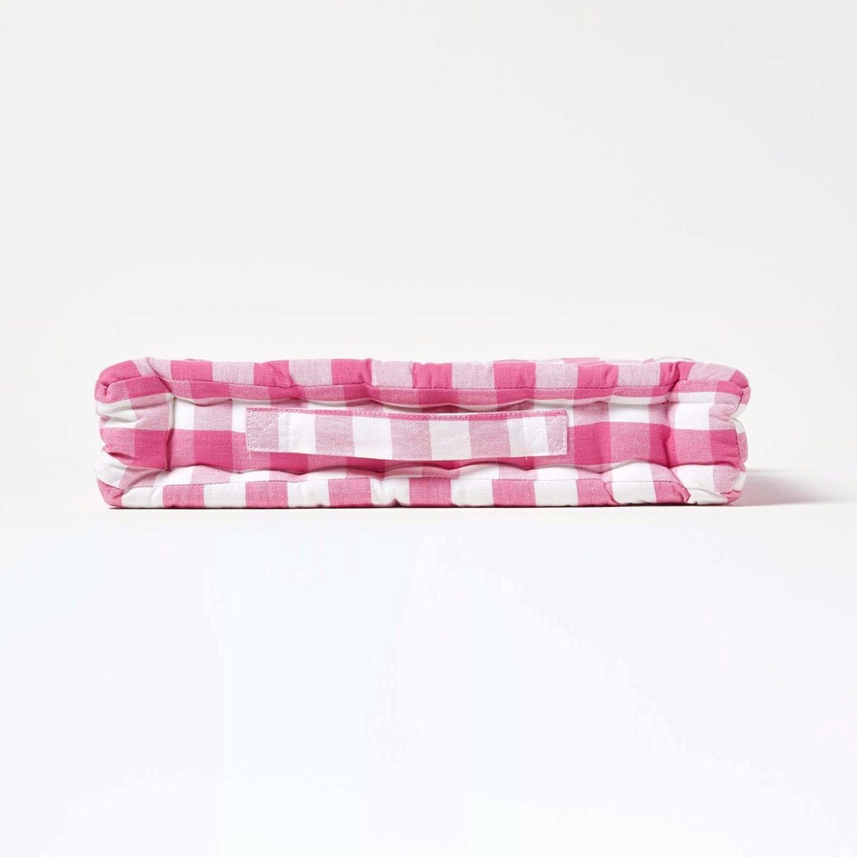 image 1 of Homescapes Pink Block Check Cotton Gingham Floor Cushion - 40 x 40 cm | Pink | 40 x 40 cm