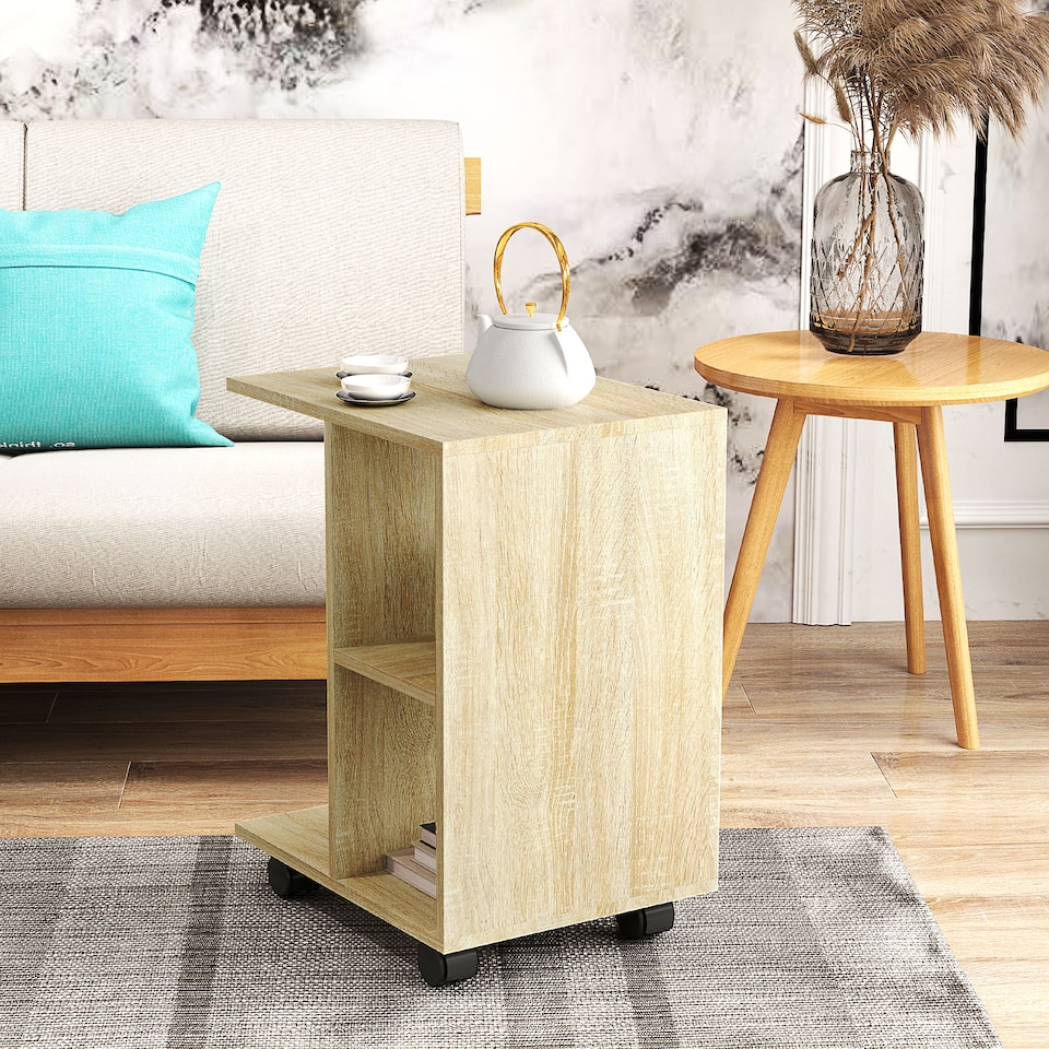 image 1 of HOMCOM C-Shape End Table Unique Storage Unit with 2 Shelves 4 Wheels Freestanding Home Office Furniture Cabinet Square Studio Natural | Yellow