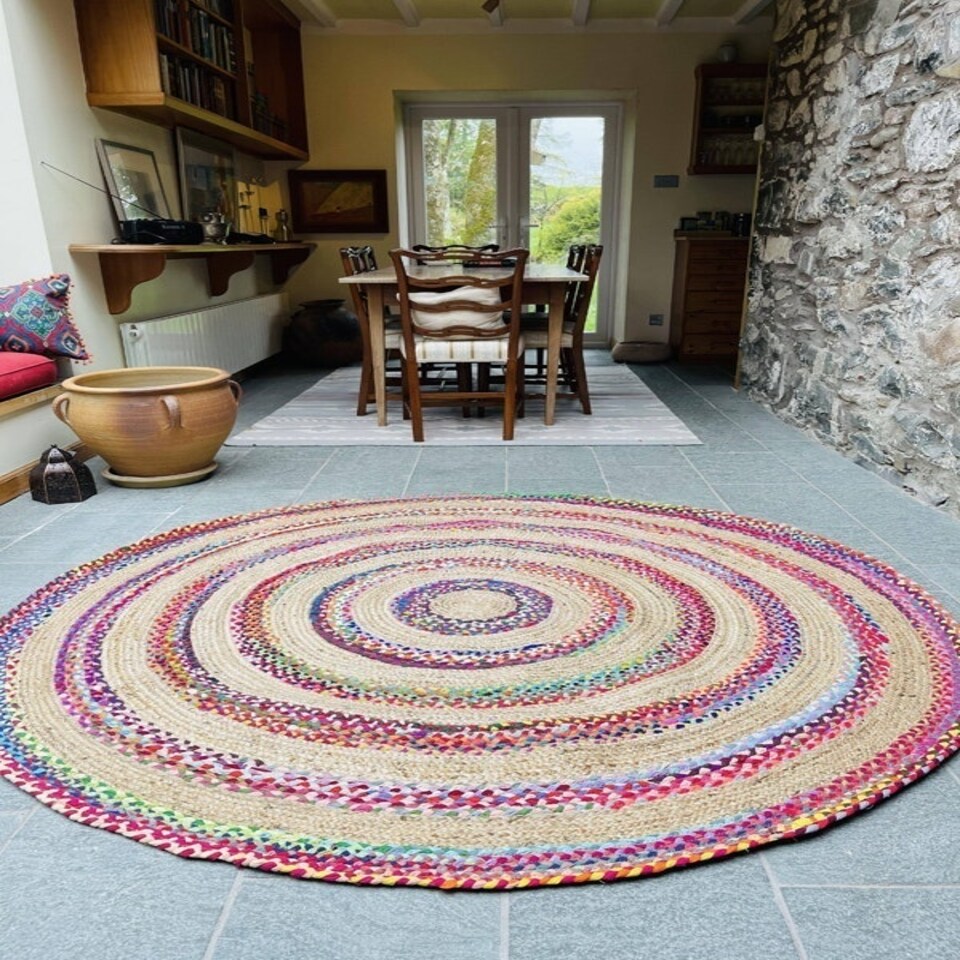 image 1 of FIESTA Round Rug Hand Woven with Recycled Fabric - Jute - L60 x W60 | Multi