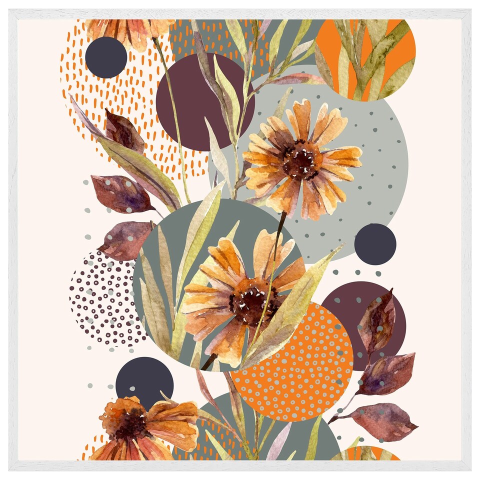 image 1 of Orange geometric with flowers (Picture Frame) White | M