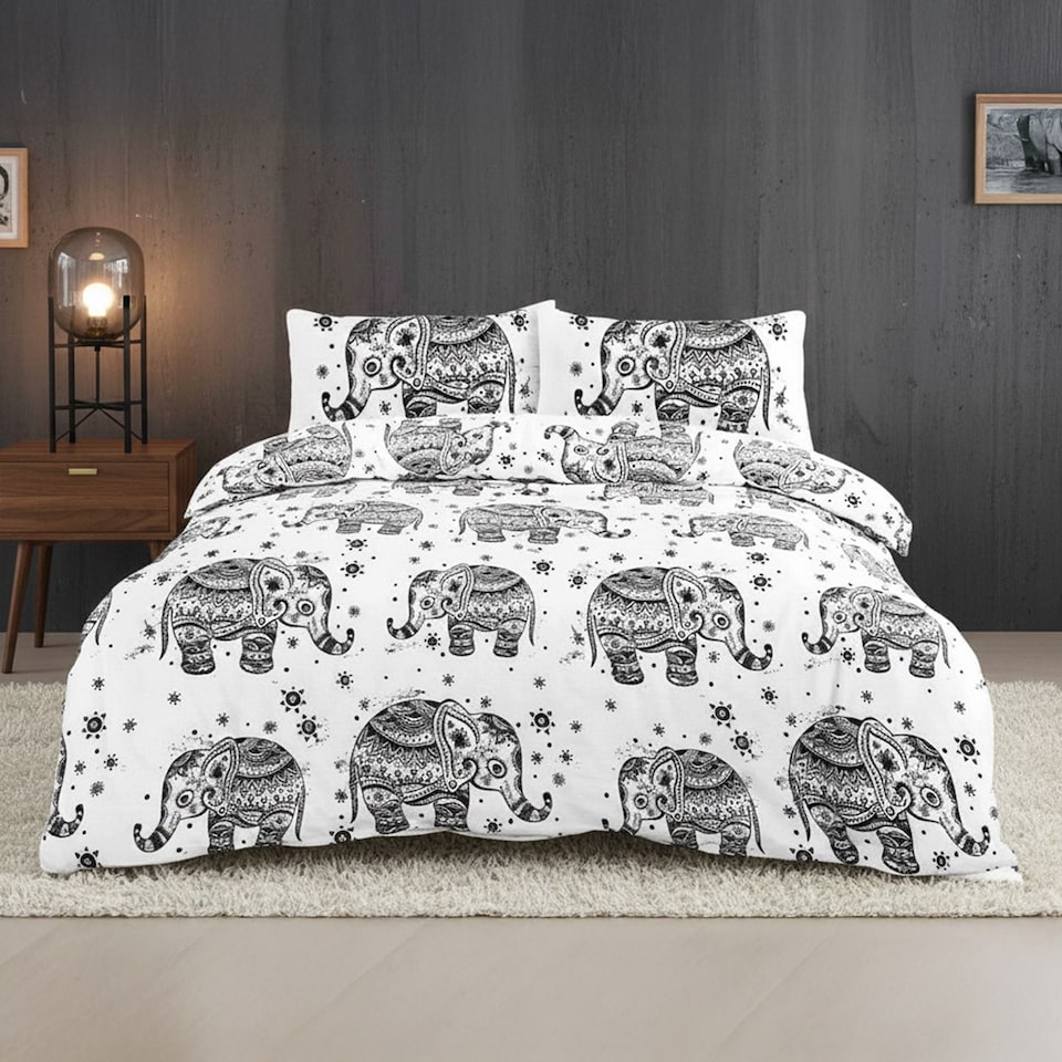 image 1 of Elephant Print Duvet Set Beautiful Boho Bedding for a Serene Bedroom | White | Super King