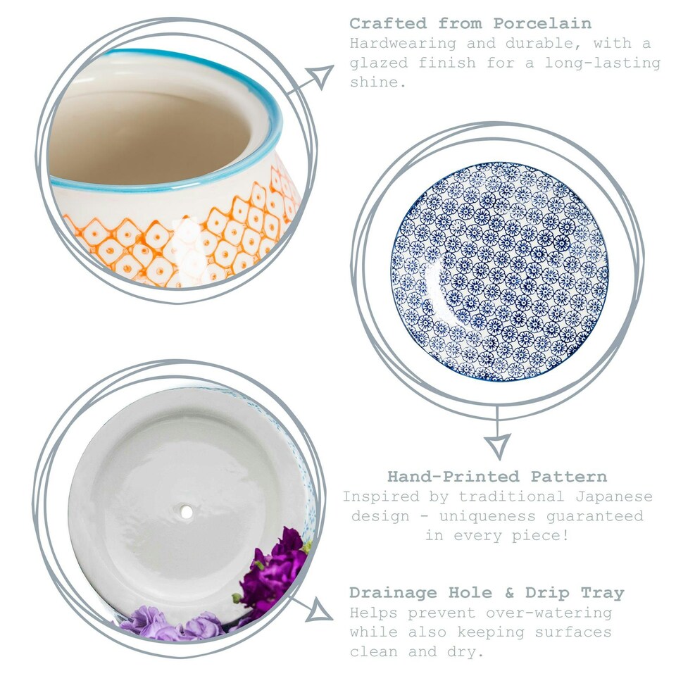 image 1 of Nicola Spring Hand Printed Plant Pot with Saucer - 22cm - Navy Blue
