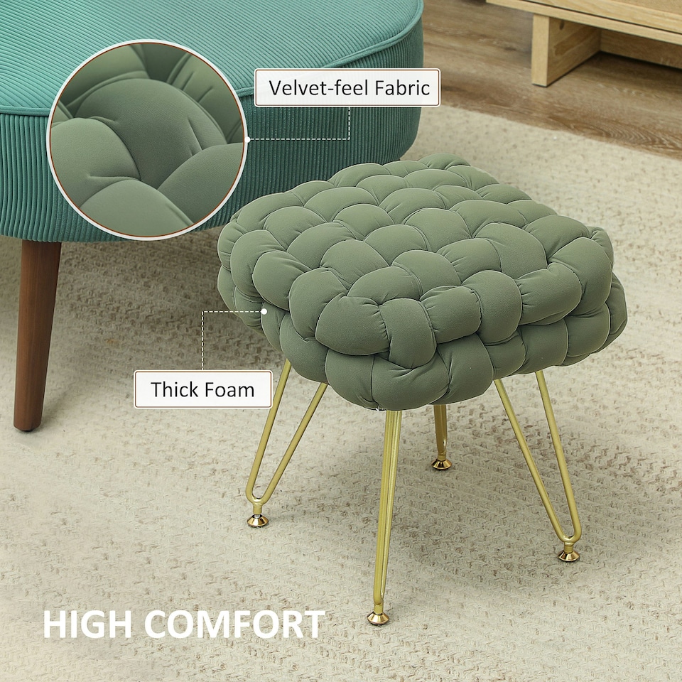 image 1 of HOMCOM Woven Velvet Foot Stool with Steel Legs for Living Room, Dark Green Green