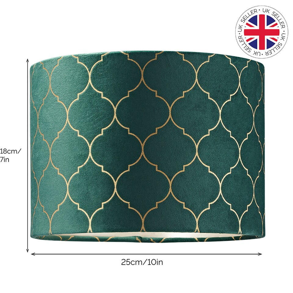 image 1 of Modern Soft Brushable Forest Green Velvet 25cm Lamp Shade with Gold Foil Decor | Green