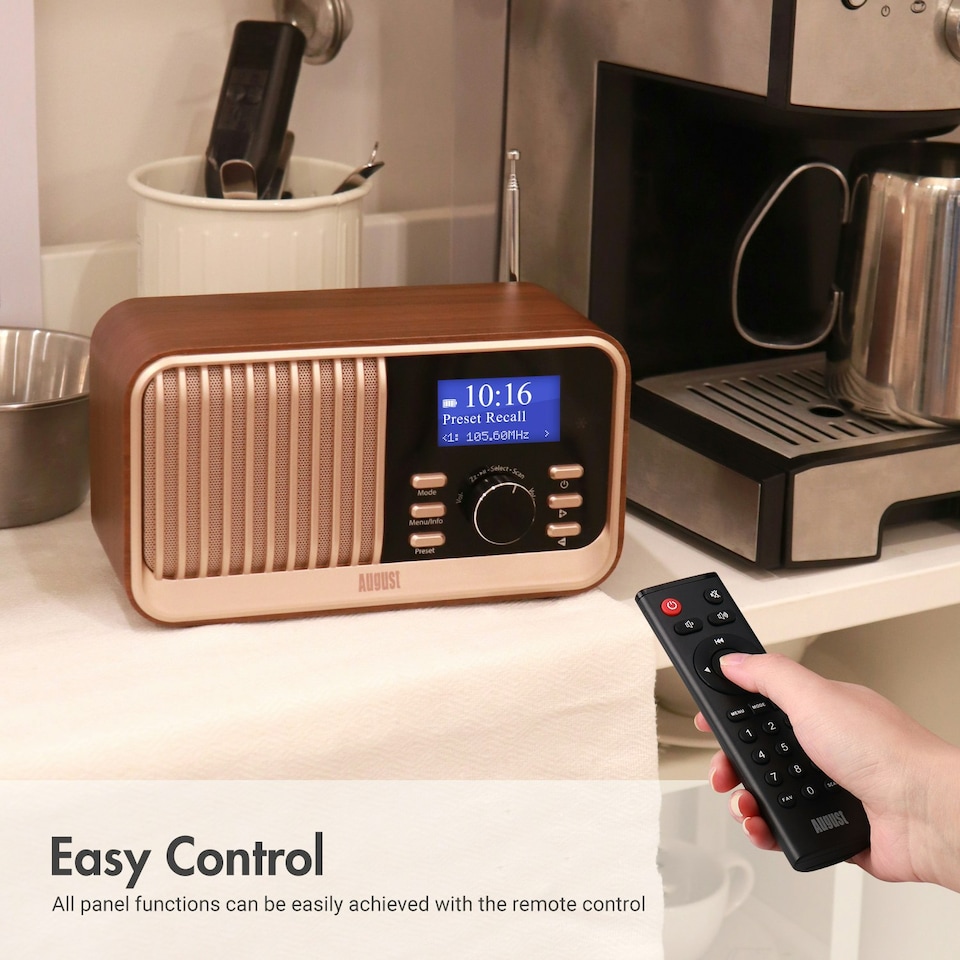 image 1 of Retro Bluetooth Speaker Rechargeable DAB/DAB+/FM Radio, Dual Alarm Clock, USB & Micro SD MP3 Playback, Large Remote Contro l – August MB450K