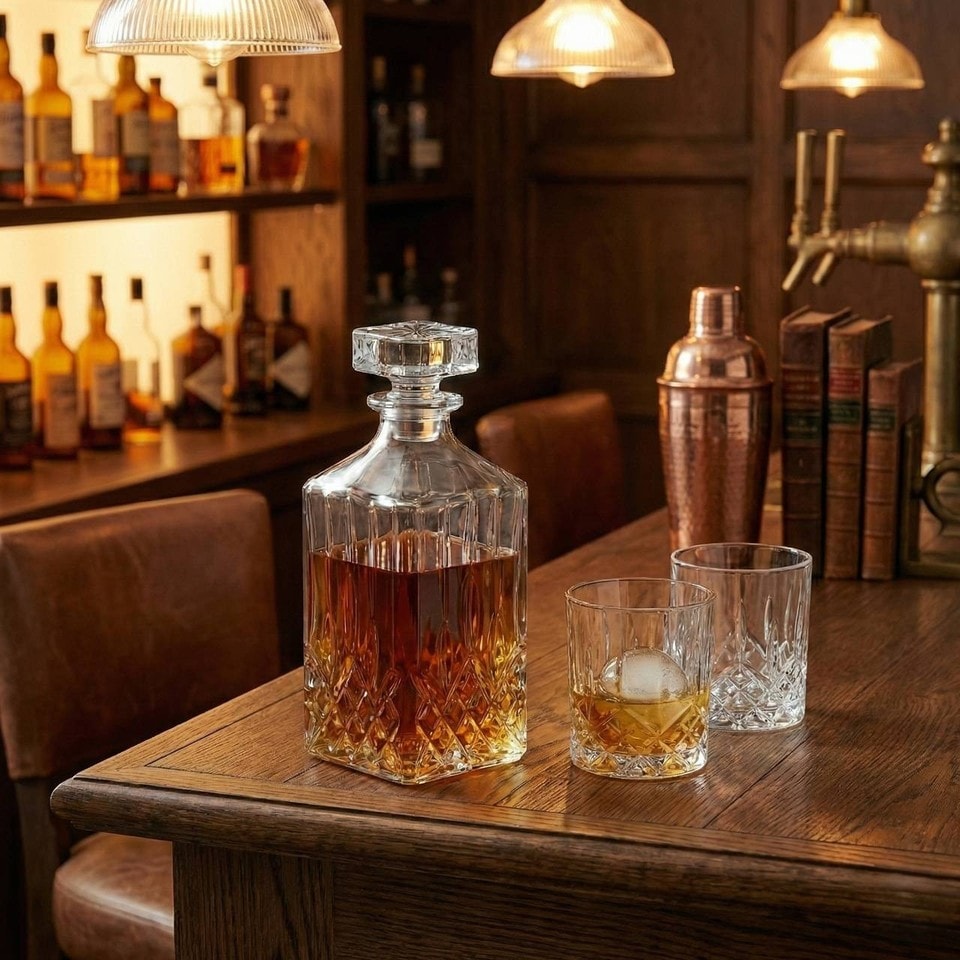 image 1 of 1L Round Glass Whisky Whiskey Decanter Cut Look Carafe Bar Spirits Brandy Sherry