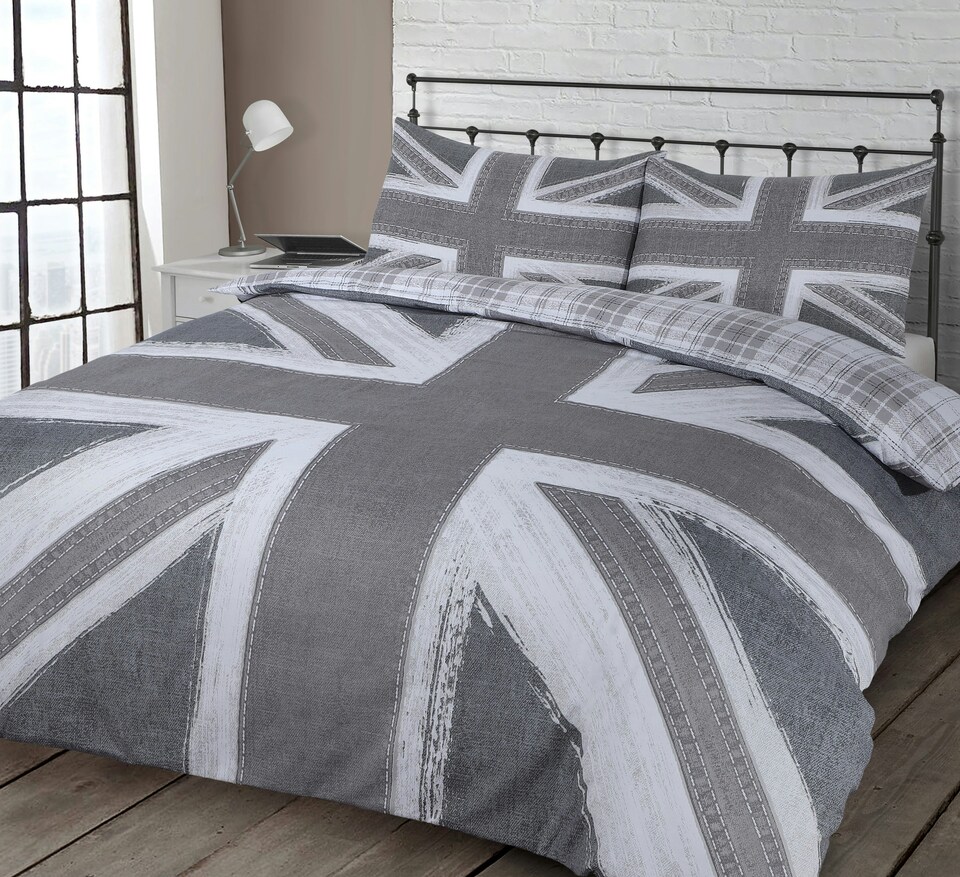 image 1 of Velosso Union Jack Reversible Printed Cotton Blend Duvet Cover and Pillowcase Set | Grey | King