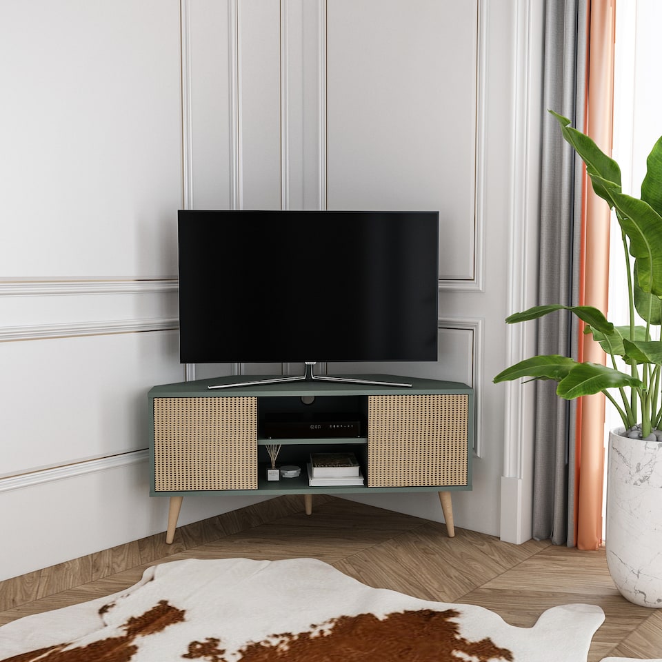 image 1 of Decorotika Lesson 120 cm Corner TV Unit for TVs up to 51 inches with Cabinets and Open Shelves | Green | Silva Green and Rattan Pattern | One Size | 1