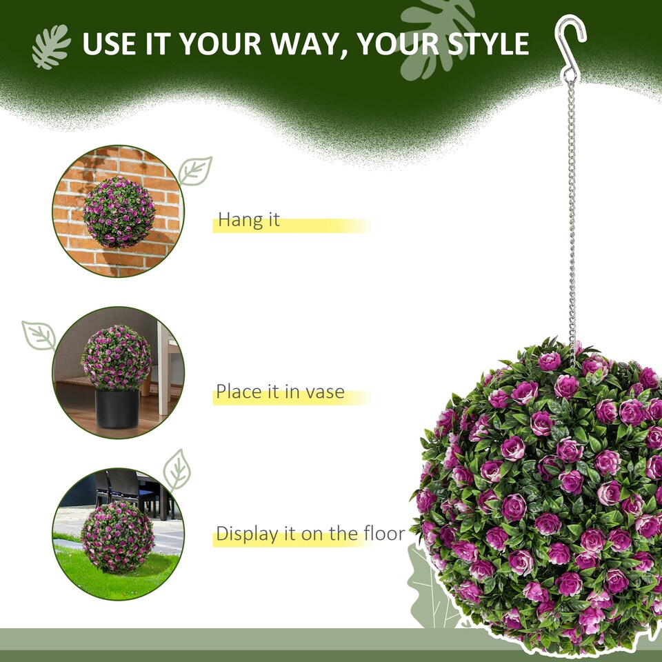 image 1 of HOMCOM Set of 2 Artificial Plant Topiary Rose Balls, Faux Plants, Purple