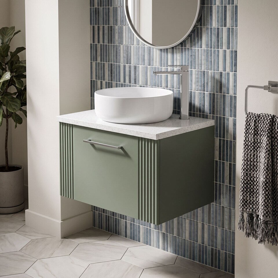 image 1 of Balterley Partial Fluted 1 Drawer Wall Hung Vanity Unit with Sparkling Laminate Worktop | Green | Satin Green