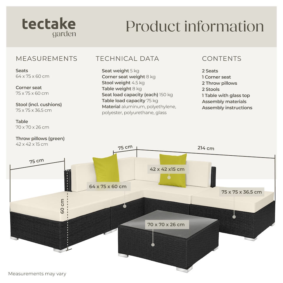 image 1 of Garden Furniture Set Paris - modular corner sofa set with coffee table, thick cushions | Black | black | 75 x 75 x 60 cm | 1