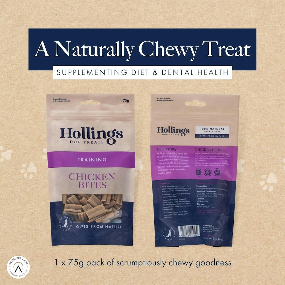 image 1 of Hollings Chicken Bites Dog Training Treats, Delicious Chicken Treats for Adult Dogs, High in Protein & Made with 100% Natural Ingredients (75g)