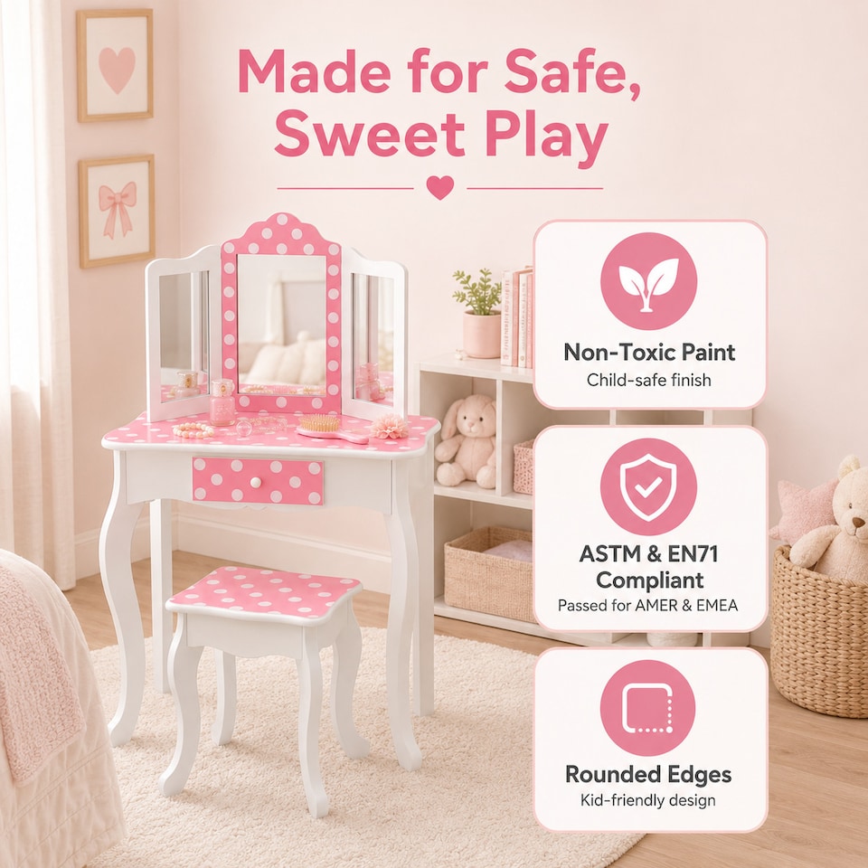 image 1 of Teamson Kids Play Vanity with Stool, Gold & White Polka Dots, Gisele