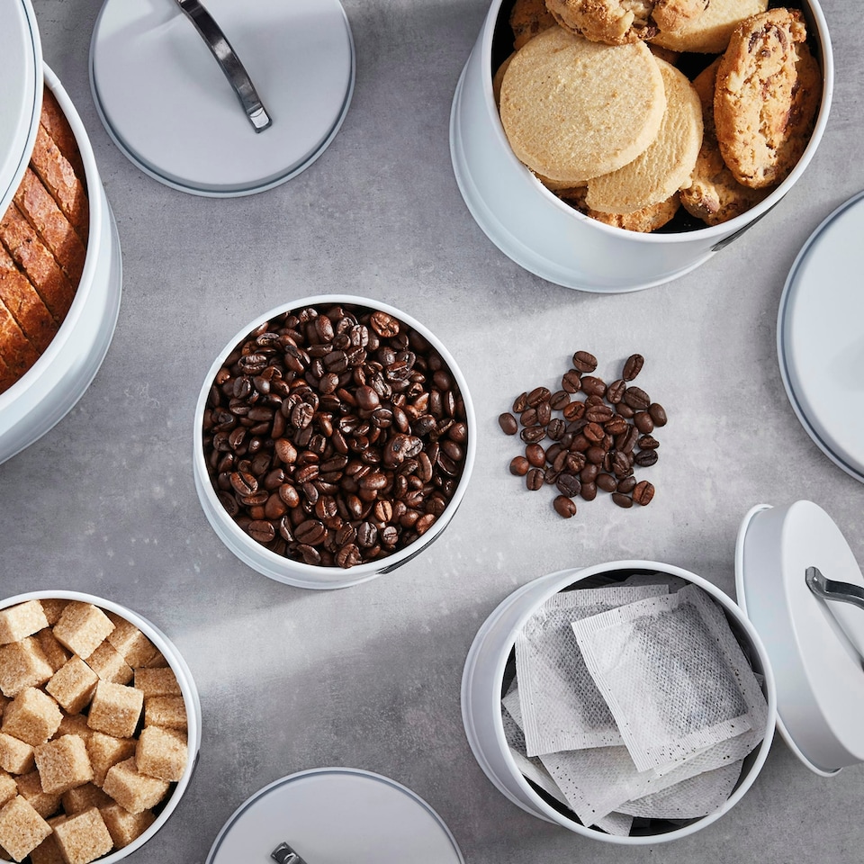 image 1 of Cooks Professional Kitchen Storage Set | 5-Piece | Bread Biscuit Tea Coffee Sugar | White & Silver