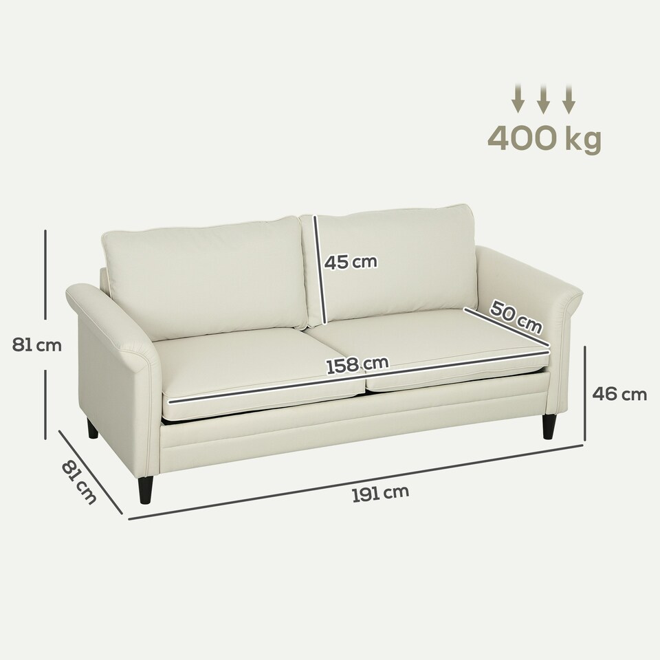 image 1 of HOMCOM Modern 3 Seater Sofa for Living Room, Fabric Couch Settee, Cream Cream | Cream