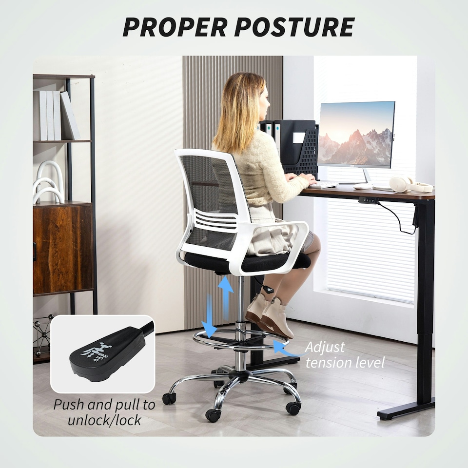 image 1 of HOMCOM Draughtsman Chair, Mesh Ergonomic Drafting Chair, Black Black