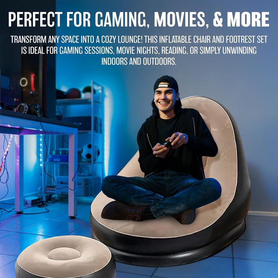 image 1 of 2pc Single Inflatable Air Sofa Chair & Footrest Blow Up Lounger Chair