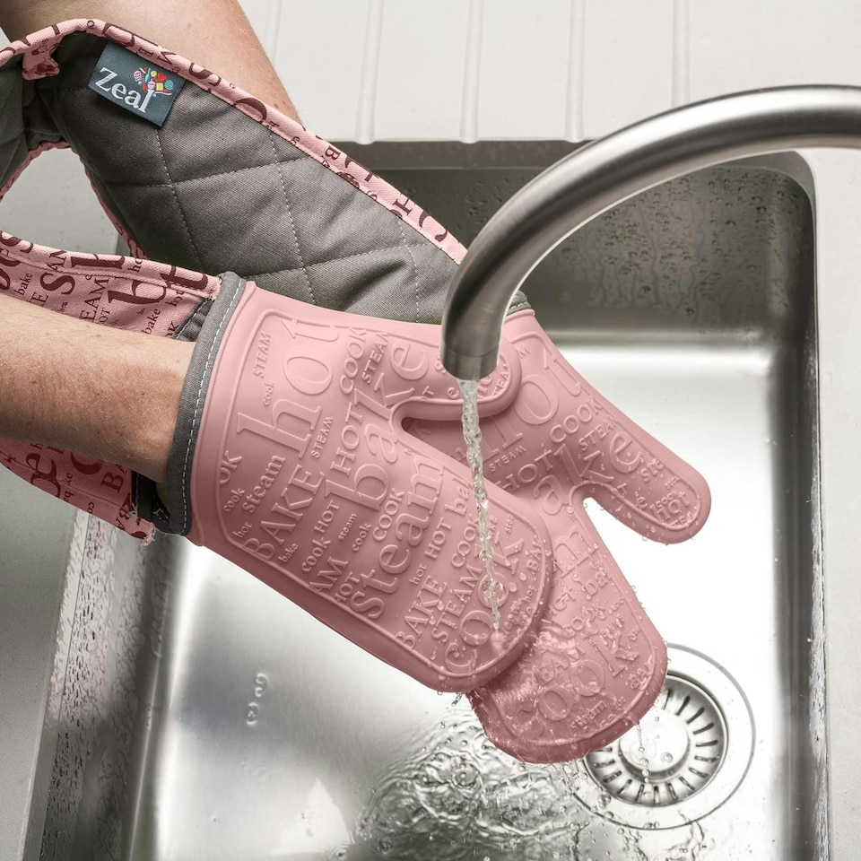 image 1 of Zeal Steam Stop™ Waterproof Silicone Double Oven Glove Pink | Rose Pink