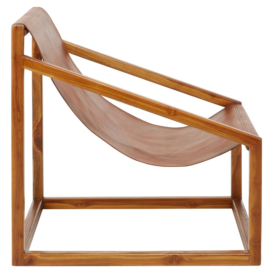 image 1 of Brown Cubic Frame Chair,Leather Upholstered Armchair,Teak Wood Accent Chair For Lounge,Comfy Patio Chair Brown
