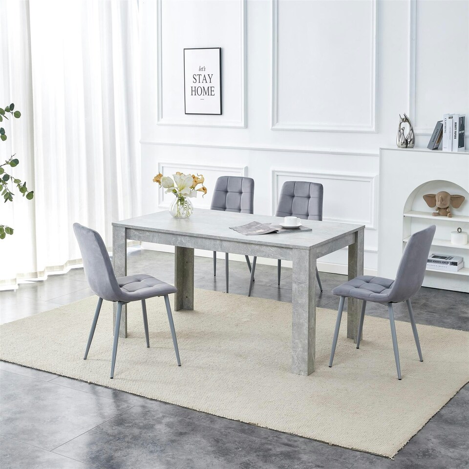 image 1 of Dining Table with 4 Grey Velvet Chairs Stone Grey Effect Wood Table Set for Dining Room Grey