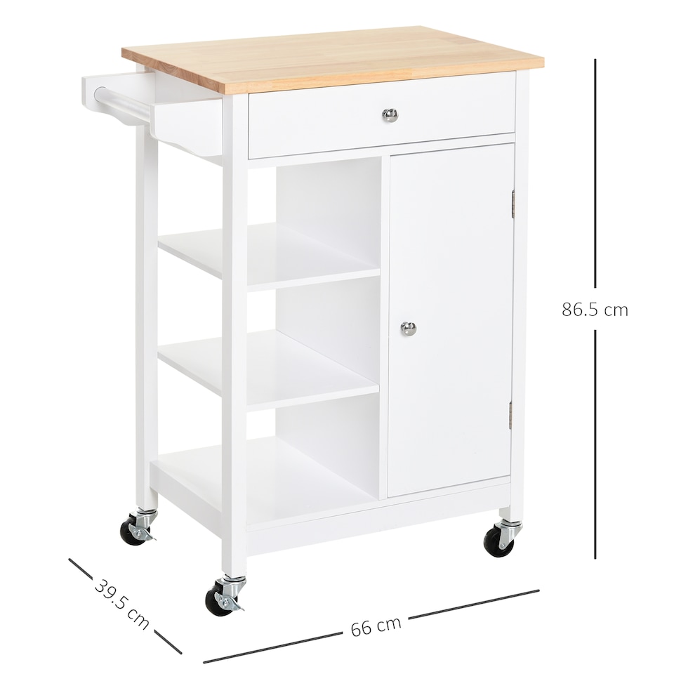 image 1 of HOMCOM Kitchen Trolley, Kitchen Island on Wheels, w Wood Top, 3 Shelves and Storage Cupboard, White