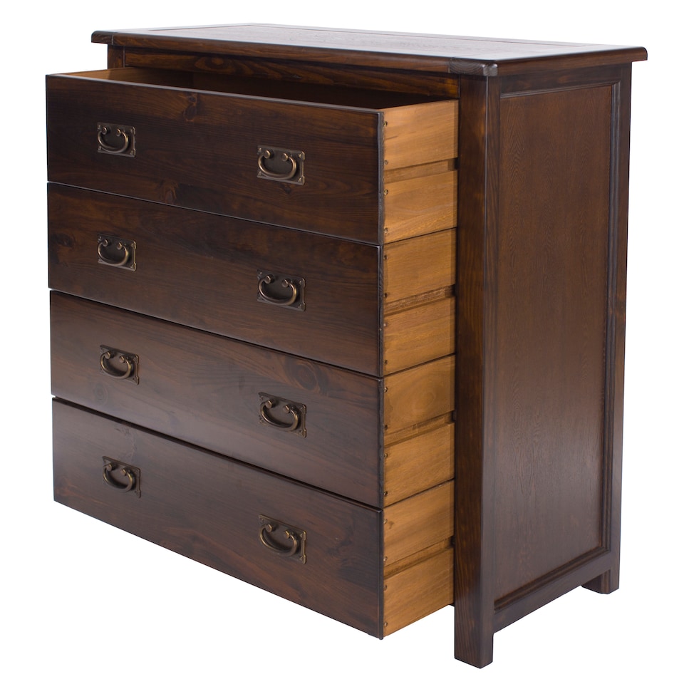 image 1 of Boston 4 Drawer Chest - Rich Dark Brown Lacquer Solid Wood Bedroom Storage with Brass Handles | Brown | Brown | 1