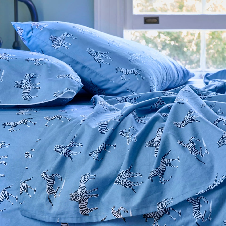 image 1 of Martex Blue Zebras in Love Fitted Sheet Blue King Blue | King