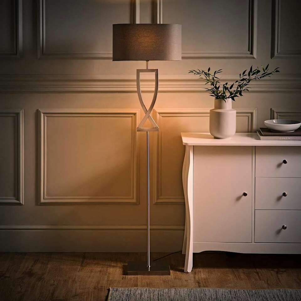 image 1 of ValueLights Katniss Large Silver Chrome Metal Floor Lamp with a Grey Fabric Oval Lampshade - Bulb Included Silver